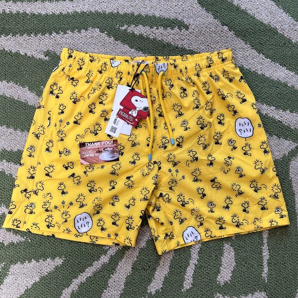 Zara x Peanuts Woodstock Snoopy Yellow Swim Board Shorts Lined Men's Size XL NWT - Picture 1 of 8